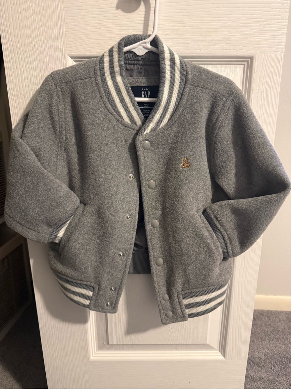 GAP Kids Gray Varsity-Style Jacket with White Stripes